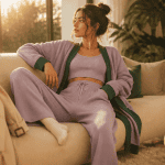 tenue chill femme sur canapé velours crème