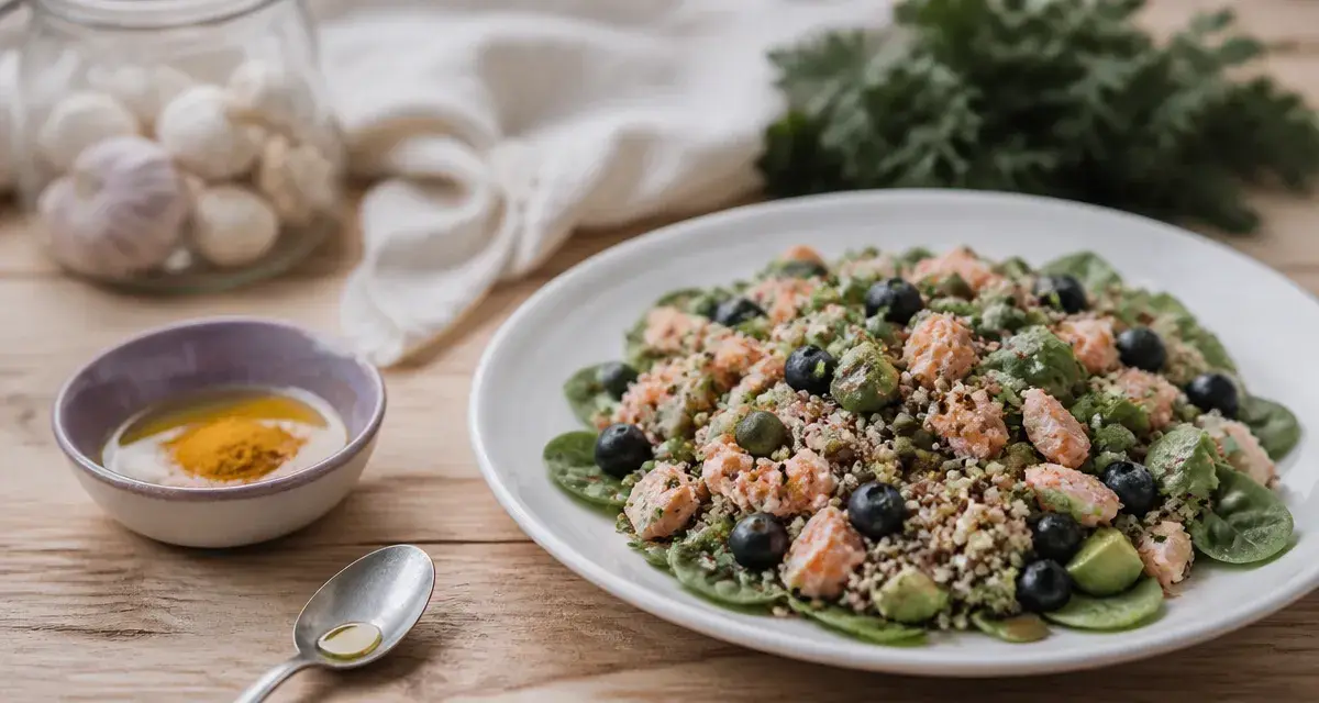 Aliment riche en nutriment : salade quinoa-saumon, avocat et myrtilles sur table en bois