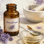 Aromathérapie définition : flacon d’huiles essentielles et lavande sur table