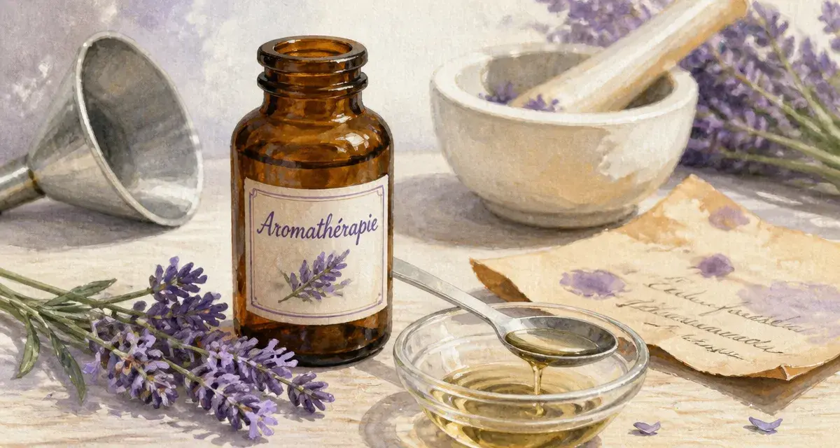 Aromathérapie définition : flacon d’huiles essentielles et lavande sur table