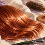Cheveux auburn cuivré, reflets cuivrés et brosse de coiffeur