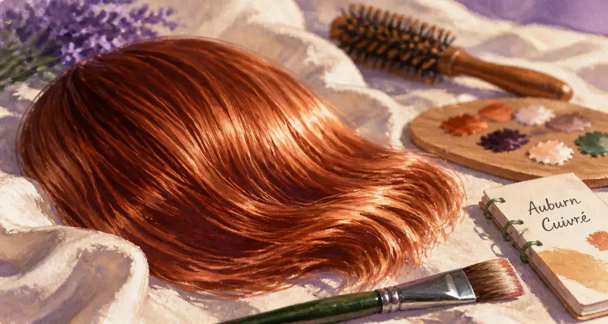 Cheveux auburn cuivré, reflets cuivrés et brosse de coiffeur