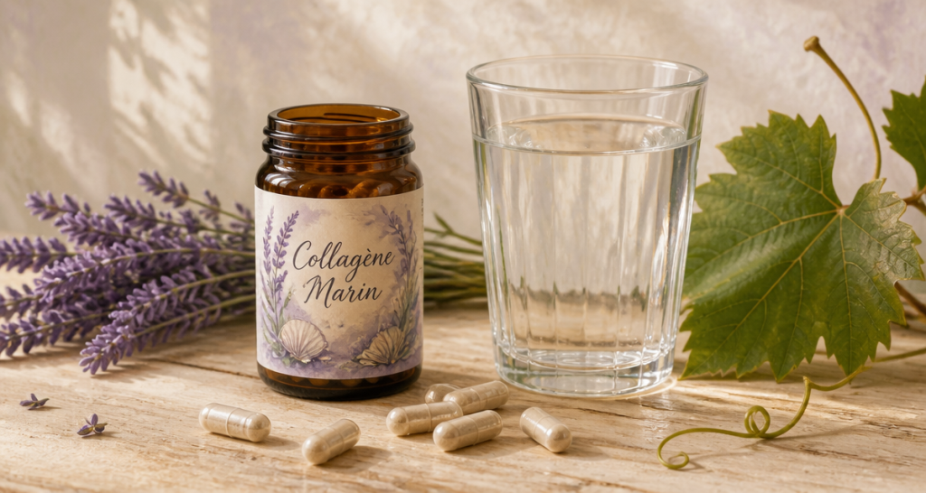 collagene marin en gelules flacon et eau