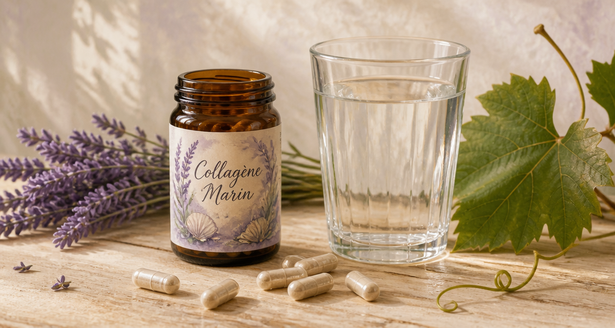 collagene marin en gelules flacon et eau