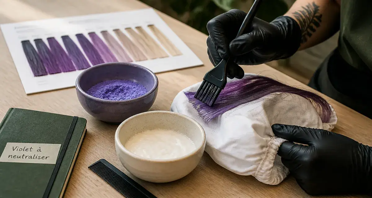 Décoloration cheveux violet : coiffeur neutralise les reflets sur mèches violettes