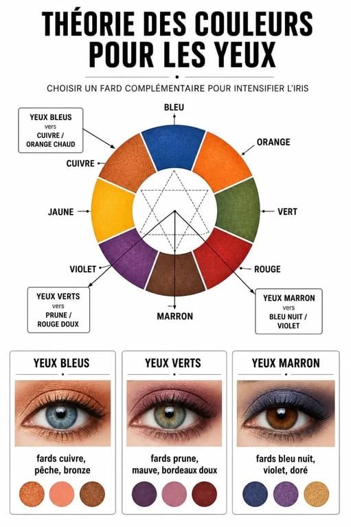 Infographie sur la théorie des couleurs pour savoir comment maquiller ses yeux selon la couleur de son iris