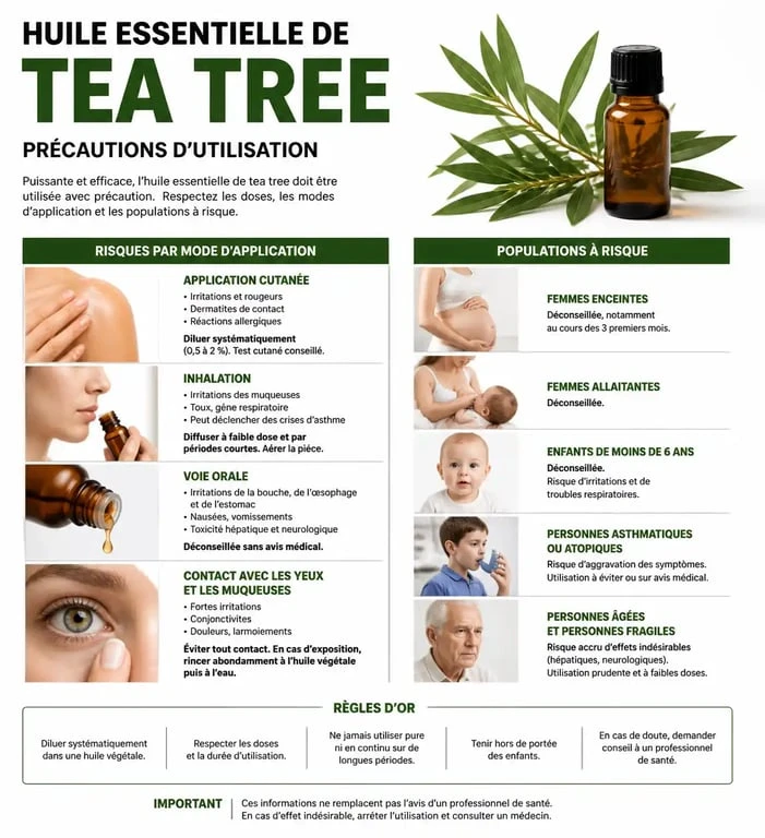 Infographie des risques et précautions d'utilisation de l'huile essentielle de tea tree