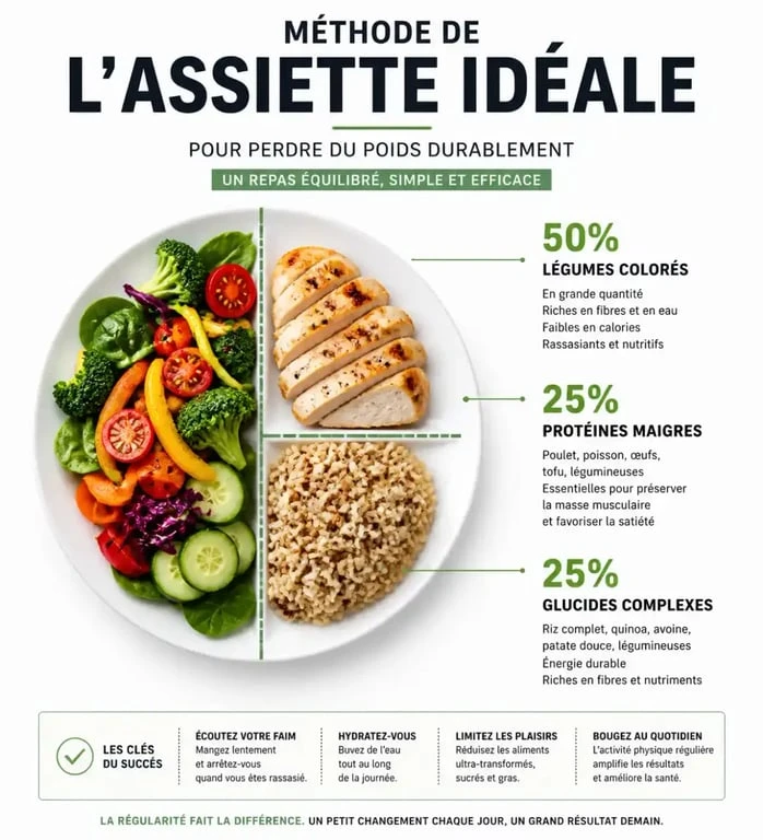 Infographie illustrant la méthode de l'assiette idéale pour savoir quoi manger pour maigrir sainement