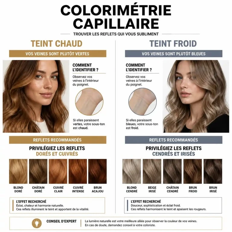 Infographie colorimétrie : choisir sa coloration cheveux selon son teint et ses sous-tons pour un test coloration cheveux avec photo réussi