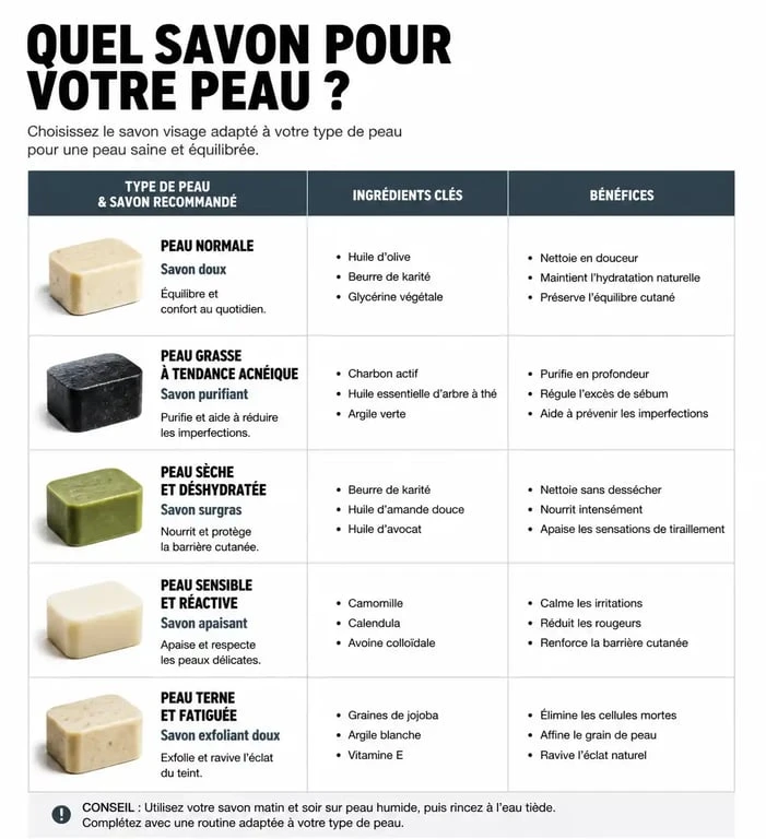 Tableau comparatif des savons pour le nettoyage du visage selon le type de peau