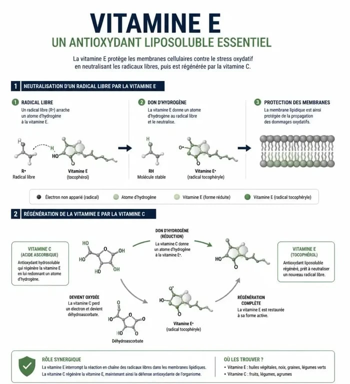 Infographie sur le rôle antioxydant de la vitamine E et sa synergie avec la vitamine C pour protéger les cellules.