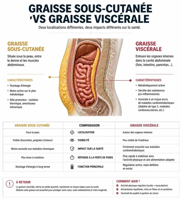 Schéma illustrant la différence entre graisse sous-cutanée et graisse viscérale pour maigrir du ventre