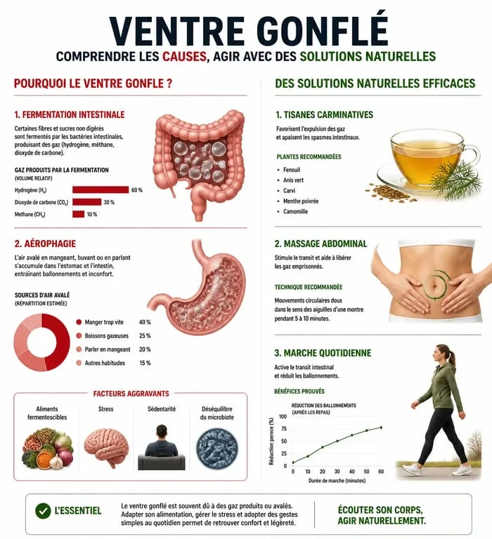 Infographie explicative sur les causes et les solutions naturelles pour dégonfler du ventre et soulager les ballonnements.