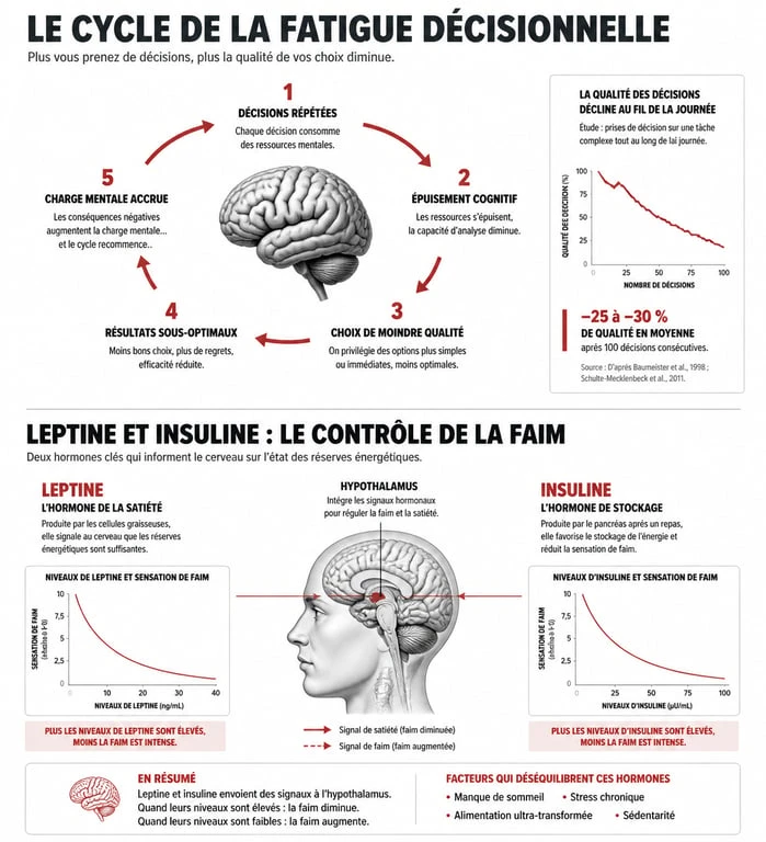 Infographie expliquant les mécanismes hormonaux et la fatigue décisionnelle quand on veut maigrir sans volonté