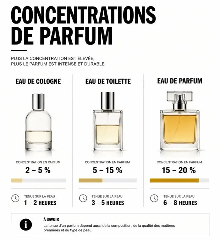 Infographie comparative des concentrations et de la tenue des parfums génériques