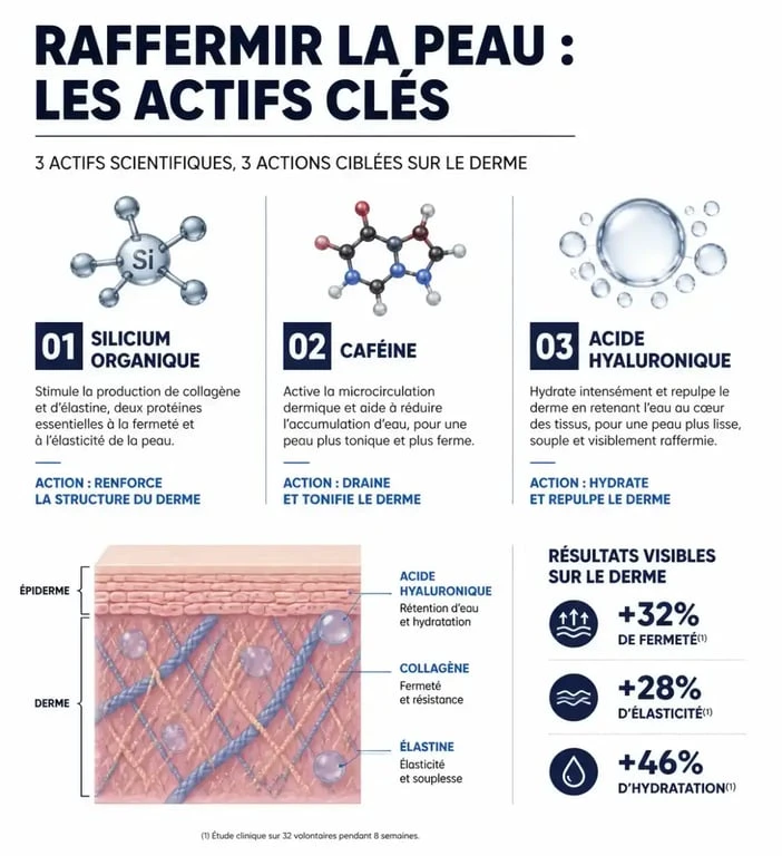 Infographie des actifs clés de la meilleure crème raffermissante pour le corps