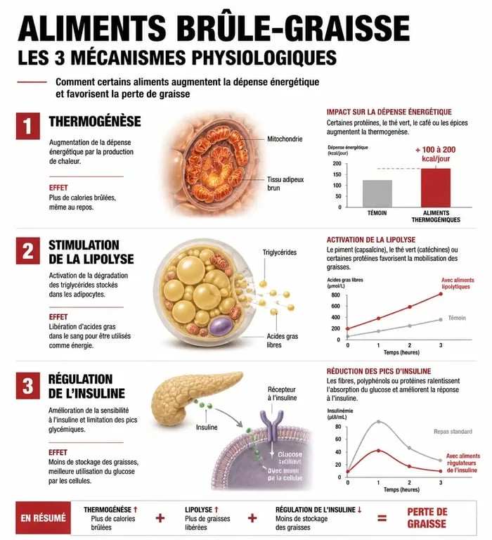 Infographie sur les mécanismes d'action des aliments brûle-graisse pour la perte de poids