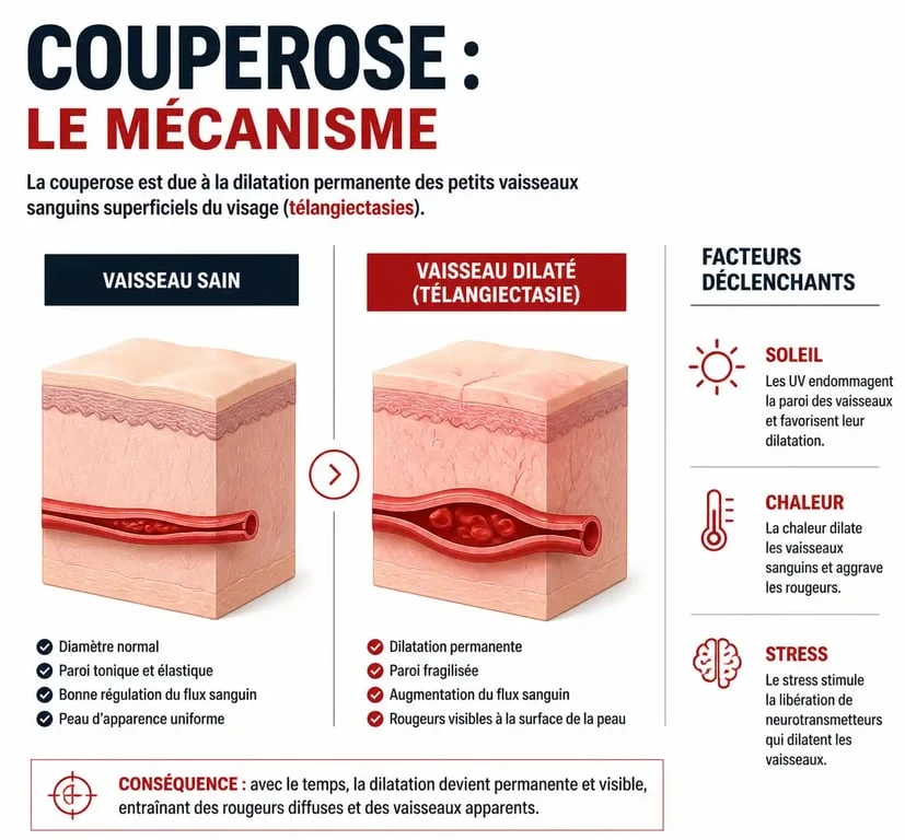 Schéma explicatif du mécanisme de la couperose et des télangiectasies pour comprendre comment la couperose disparue peut être traitée.
