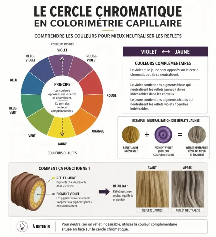 Schéma explicatif de la colorimétrie pour la décoloration des cheveux violets et la neutralisation des reflets jaunes.