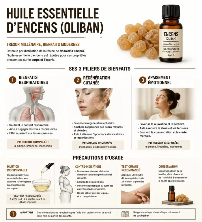 Infographie des bienfaits et précautions d'utilisation de l'huile essentielle d'encens oliban