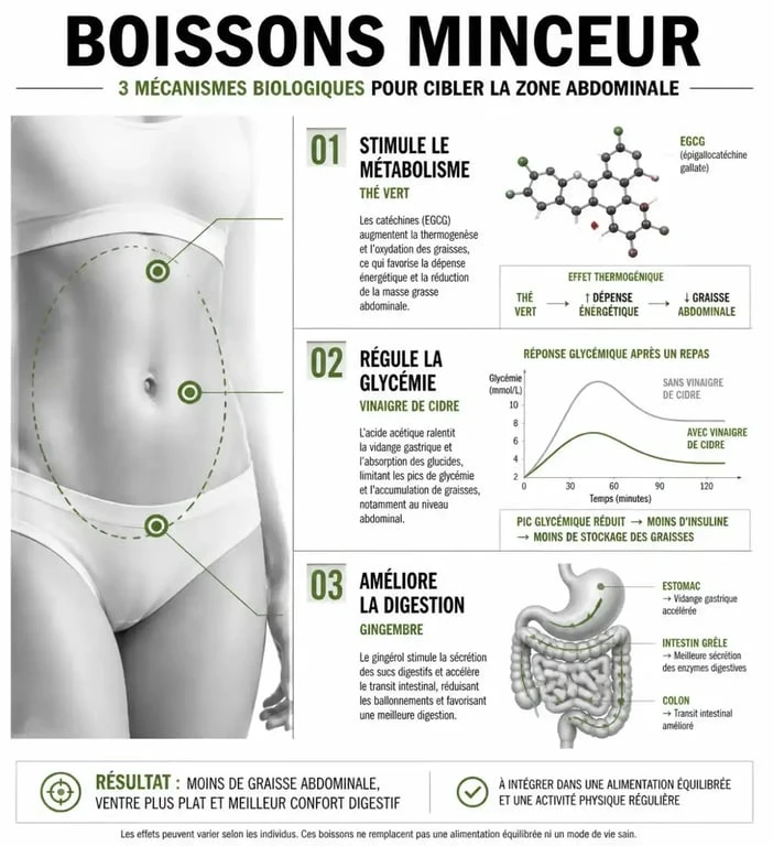 Infographie sur les mécanismes des boissons pour perdre du ventre et réduire la graisse abdominale