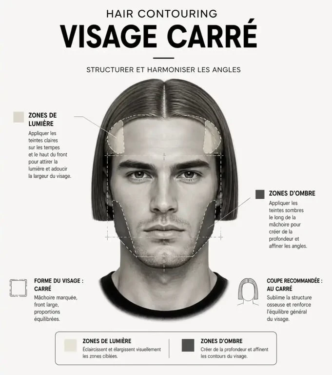 Schéma explicatif du hair contouring sur coupe au carré pour visage carré