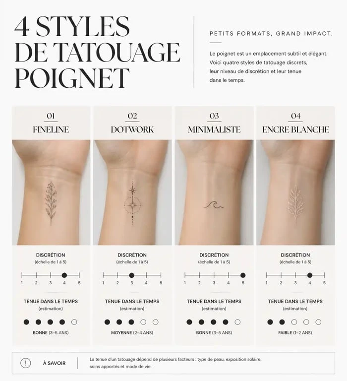 Infographie comparative des styles de tatouage poignet femme discret : fineline, dotwork, minimaliste et encre blanche.