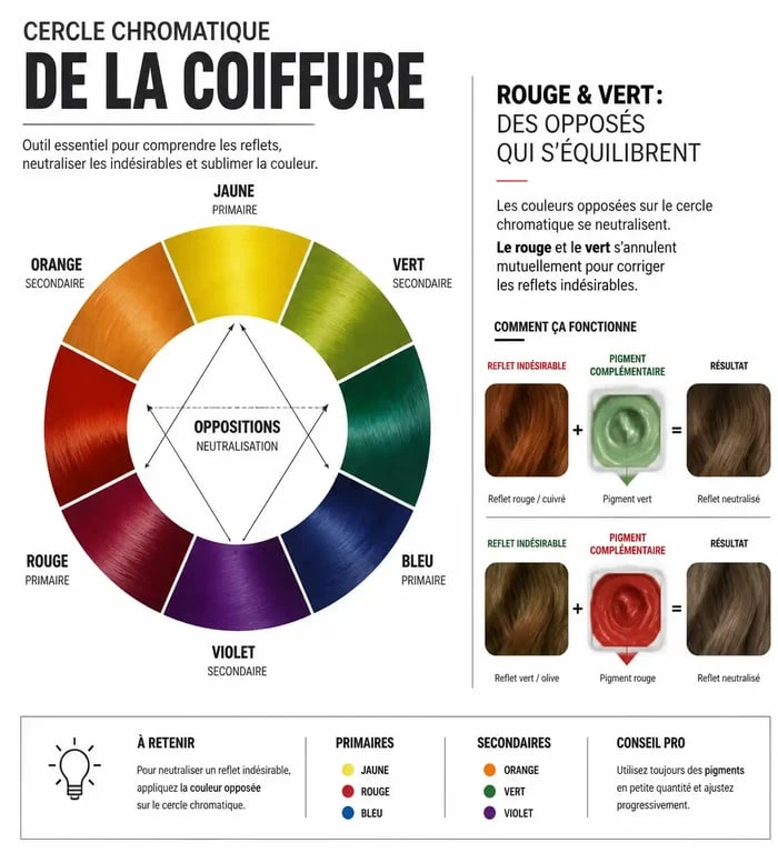 Schéma du cercle chromatique expliquant comment neutraliser les reflets rouges dans les cheveux
