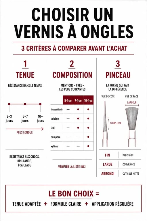 Infographie comparant les critères pour choisir le meilleur vernis à ongles : tenue, composition et application