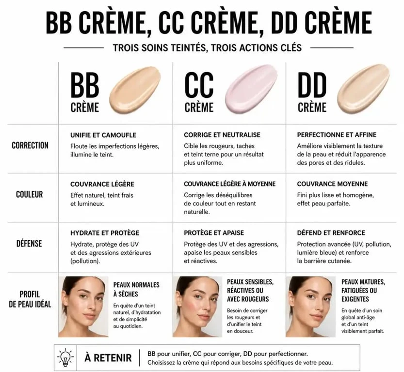 Infographie comparative des différences entre BB crème, CC crème et DD crème pour choisir le soin adapté à son type de peau