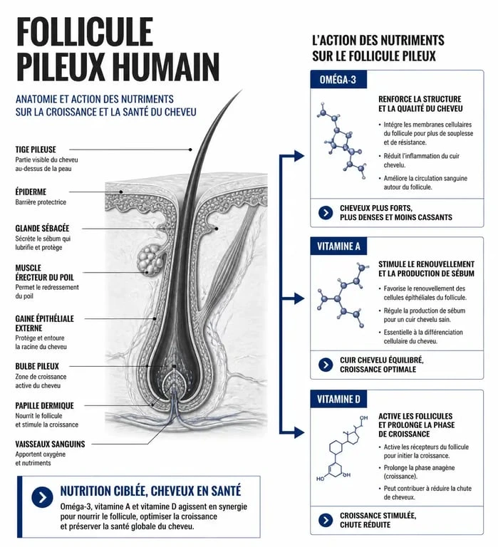 Infographie des bienfaits de l'huile de foie de morue sur la santé et la croissance des cheveux