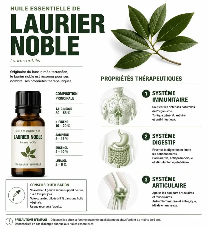 Infographie sur les bienfaits et propriétés de l'huile essentielle de laurier noble pour la santé