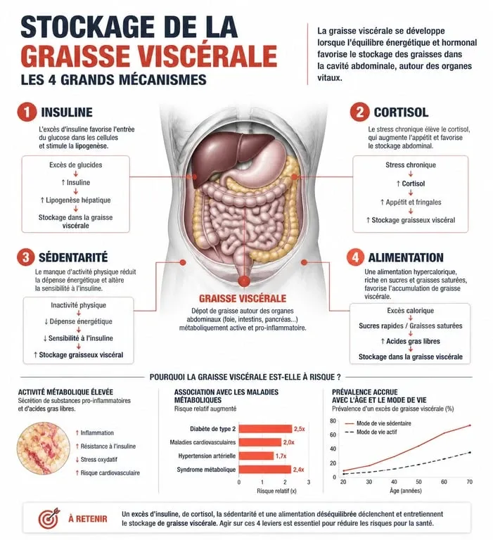 Infographie sur les mécanismes de la graisse viscérale et comment maigrir du ventre