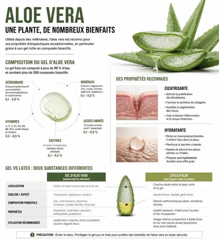 Infographie sur les bienfaits de l'aloe vera pour la peau et la santé