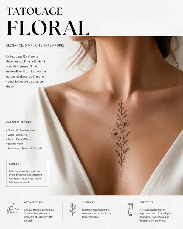 Tatouage décolleté femme avec un motif floral délicat et élégant