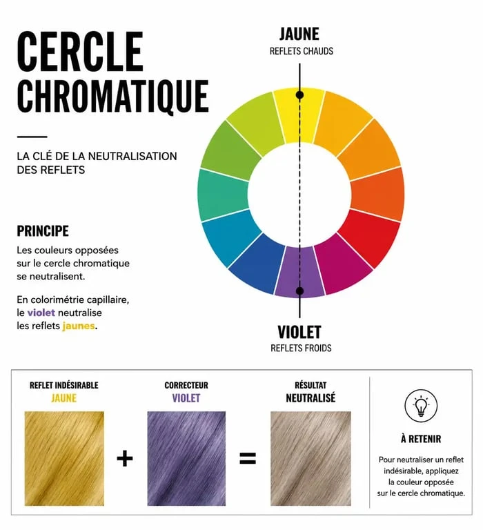 Schéma du cercle chromatique pour la neutralisation des reflets violets sur les cheveux