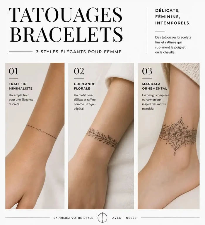 Exemples de styles de tatouage bracelet pour femme : minimaliste, floral et mandala