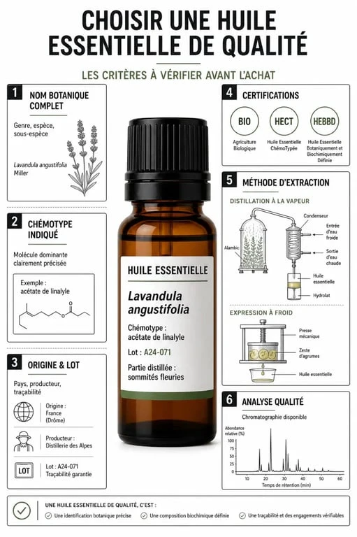 Infographie des critères de qualité pour choisir ses huiles essentielles et marques de confiance