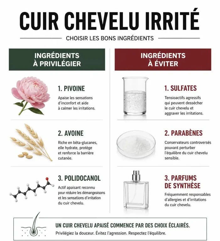 Infographie des ingrédients pour le meilleur shampoing cuir chevelu irrité : à privilégier vs à éviter