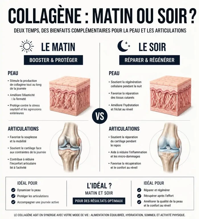 Infographie comparative : quand prendre son collagène, matin ou soir pour optimiser ses bienfaits