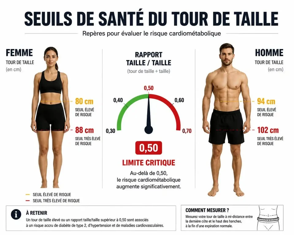 Infographie des seuils de santé pour perdre son tour de taille et mesurer son rapport taille/taille