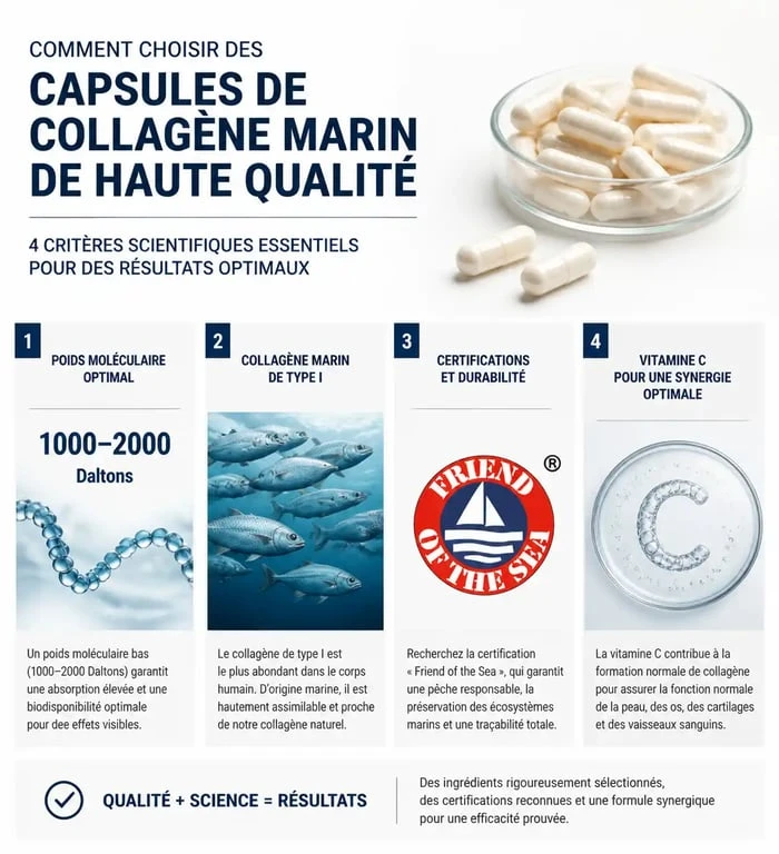 Infographie des critères de sélection pour le collagène marin en gélules de qualité