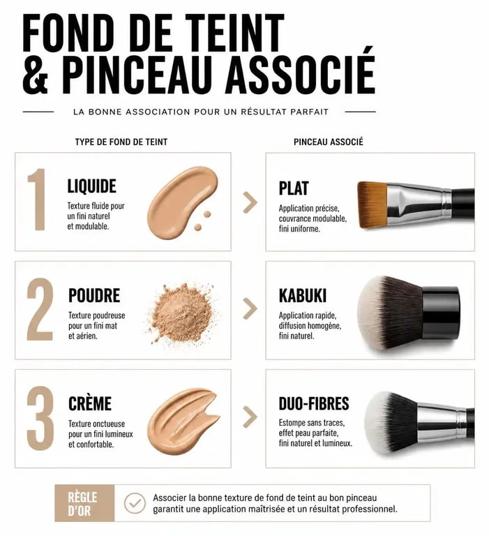 Infographie montrant quel pinceau pour fond de teint choisir selon la texture du produit