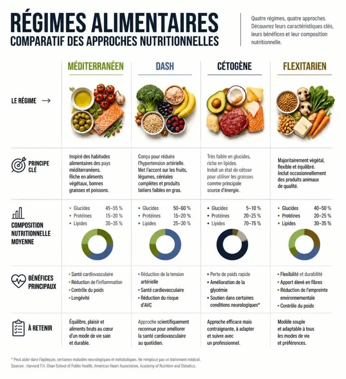 Infographie comparative des régimes pour perdre du poids : méditerranéen, DASH, cétogène et flexitarien.