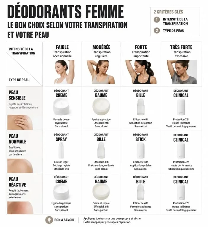 Infographie comparative pour choisir son déodorant pour odeur forte femme selon son type de peau et ses besoins