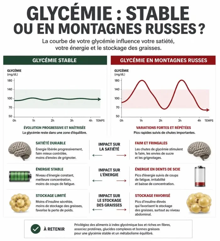 Infographie sur la gestion de la glycémie et la satiété pour maigrir sans régime