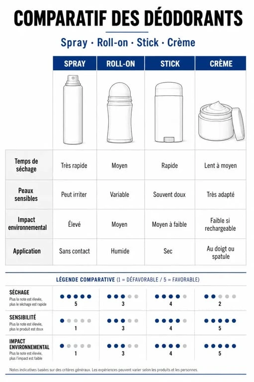 Infographie comparative pour choisir son déodorant : spray, bille, stick ou crème.