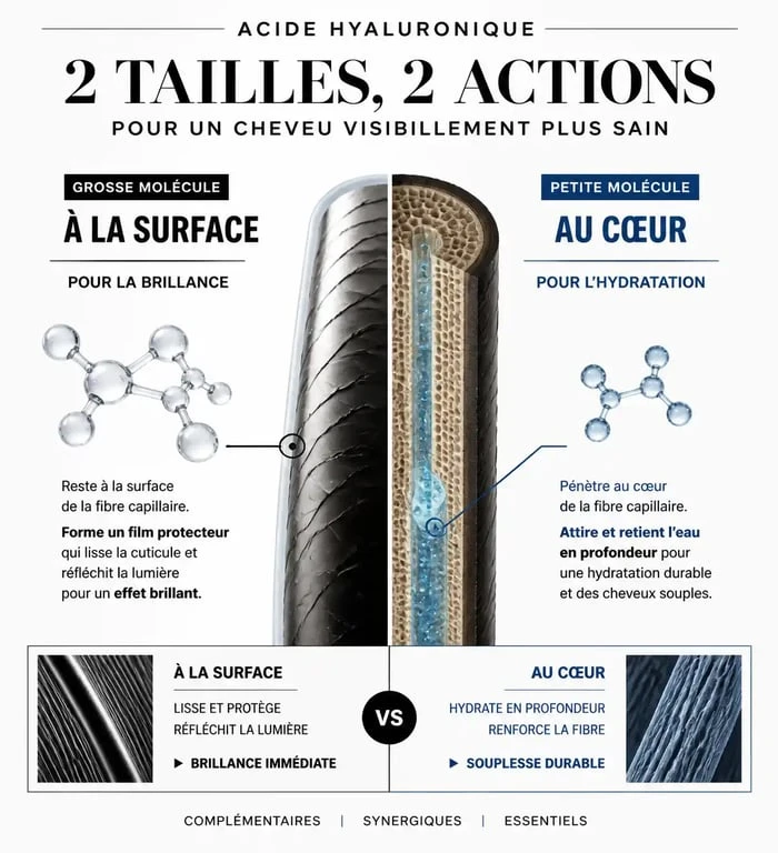 Schéma comparatif des poids moléculaires de l'acide hyaluronique pour les cheveux