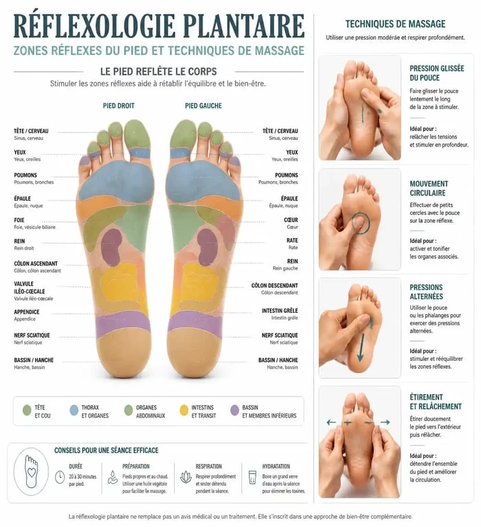 Infographie des zones réflexes pour masser les pieds et techniques de relaxation
