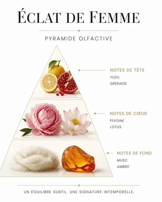 Pyramide olfactive du parfum Éclat de Femme : notes de tête, de cœur et de fond